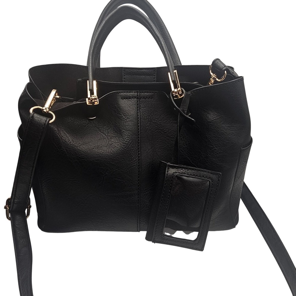 Womens Black Tote Handbag Crossbody Three division side pockets removable straps - Picture 8 of 11